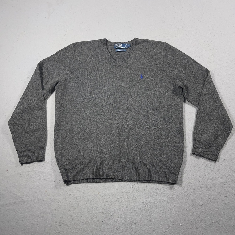 Polo Ralph Lauren Mens Large V-Neck Sweater Grey 100% Lambswool Blue Pony Logo